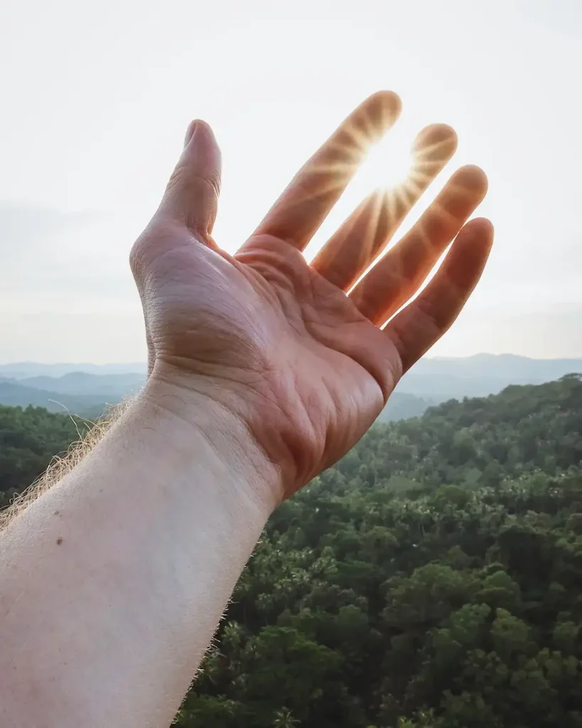 Eine Person streckt ihre Hand zur Sonne hin