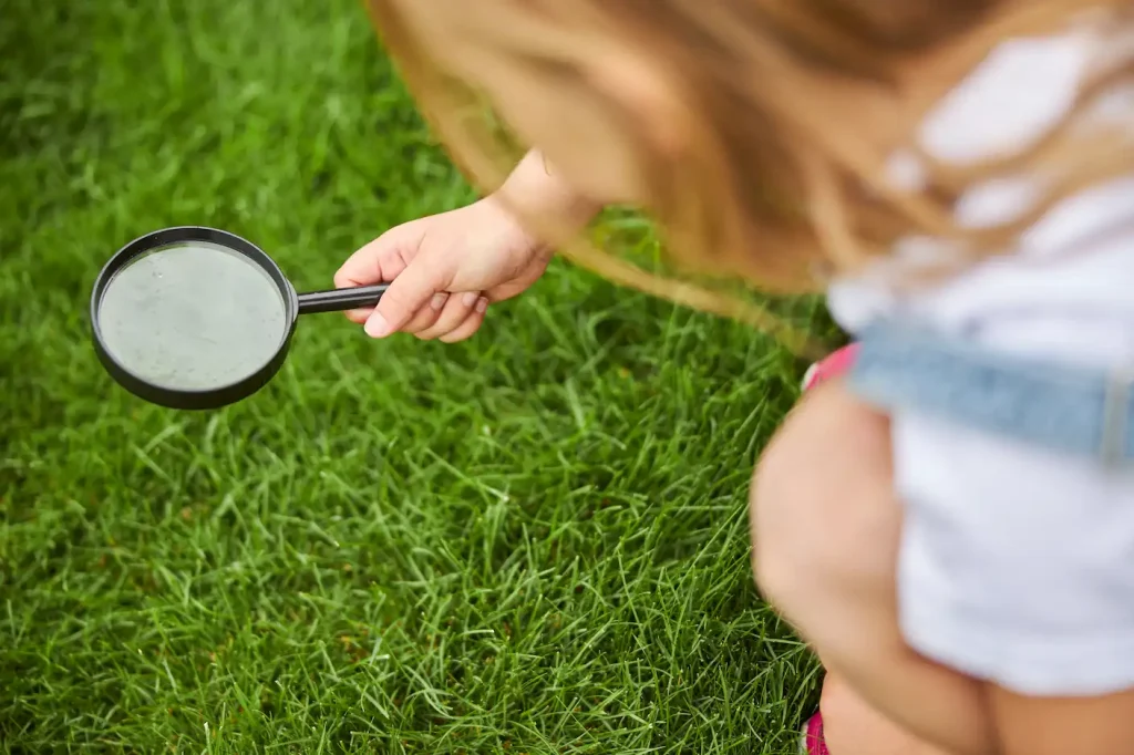 Mädchen untersucht Gras mit Lupe